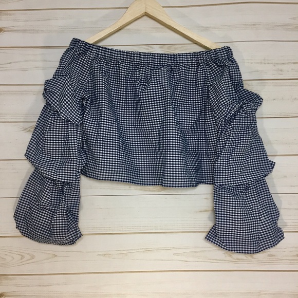 Charlotte Russe Tops - Navy Blue and White Off shoulder Gingham Top